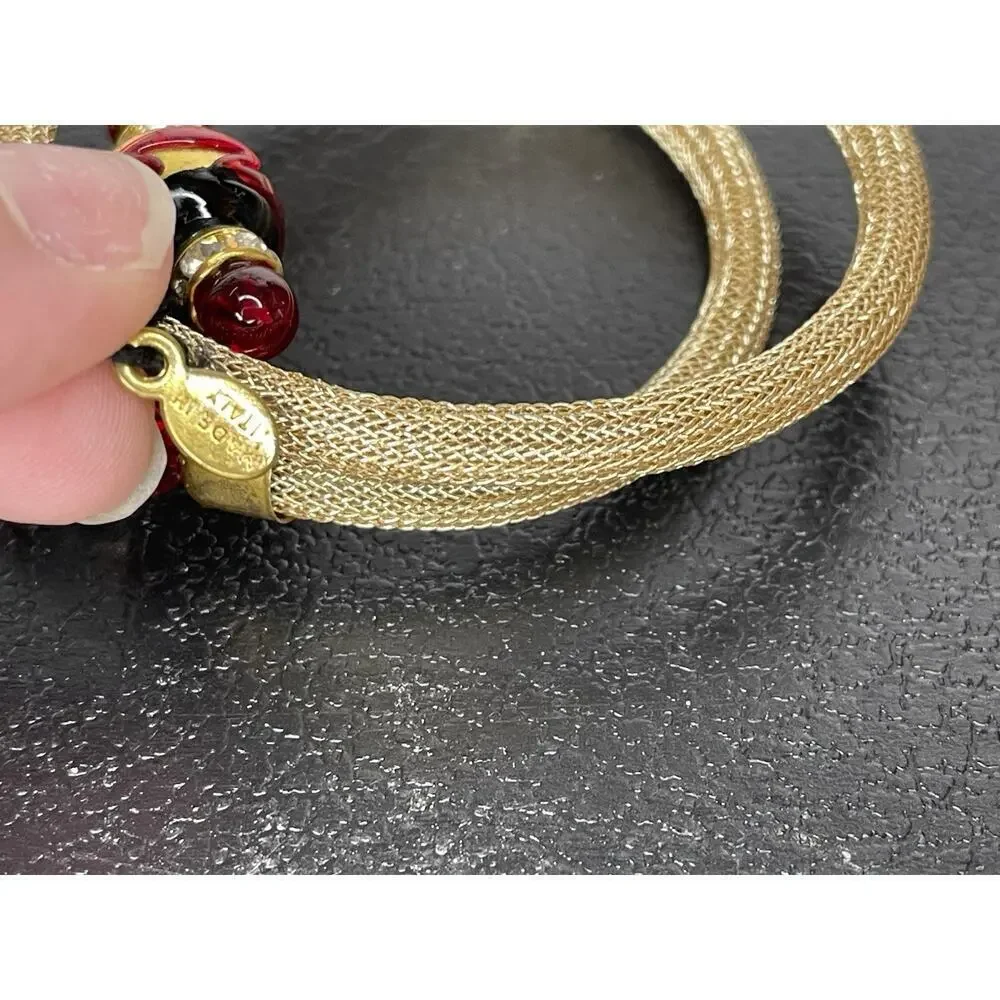 Vintage Stauer Murano Gold Mesh Wrap Bracelet Red Glass Beads Signed Italy